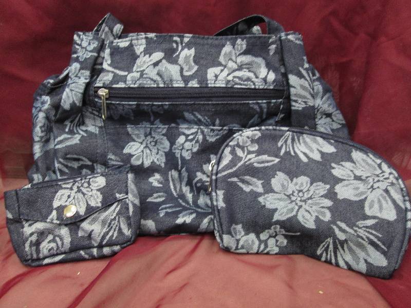 two tone blue floral purse with co...