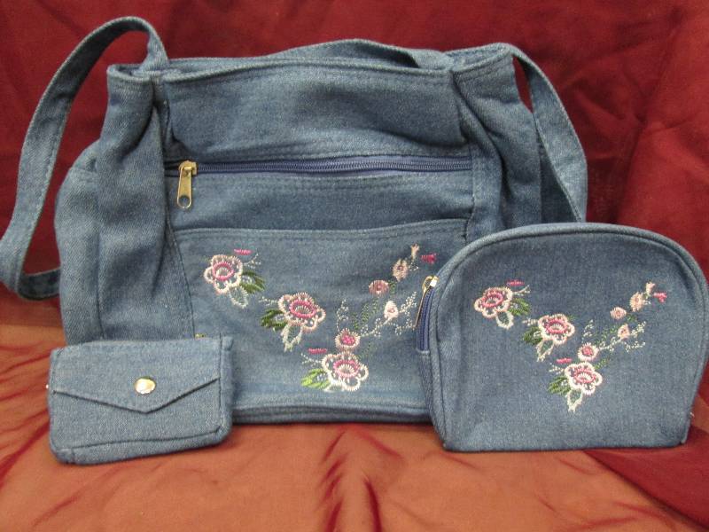 soft blue denim embroidered pink fl...