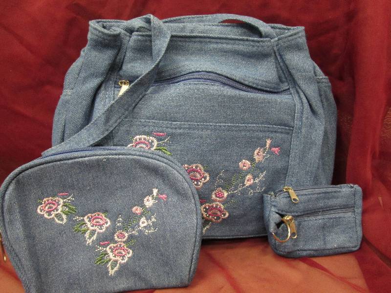 Soft Blue Denim embroidered pink fl...