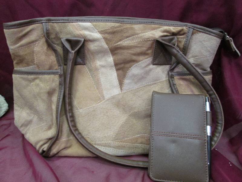 brown purse with memo flip pad, ca...