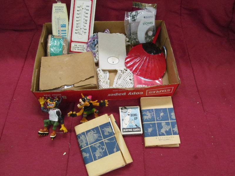 cards, thermometer, stones
