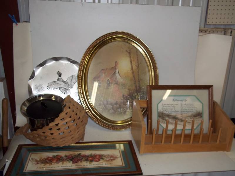 lot 201 image: Dcor basket, pheasant tin and pictures