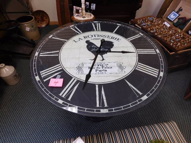 Cast iron base French rooster clock table with glass top.