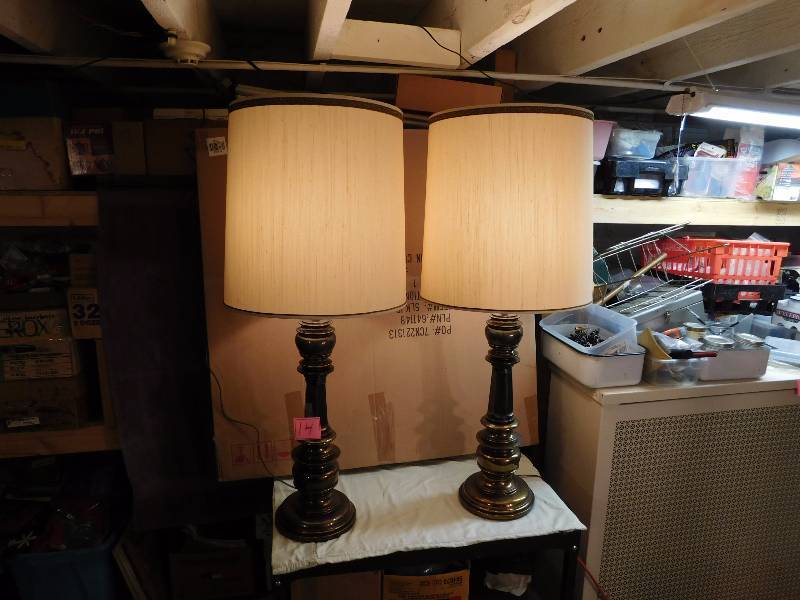 Two vintage heavy brass Stiffel lamps with original lamp shades..