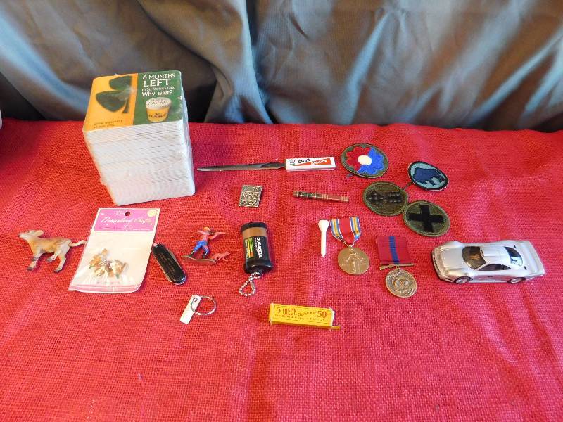 military patches, medals, pocketknife, beer coasters and more see photos