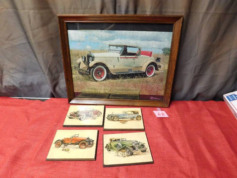 vintage automobile decor framed puzzle and 4 plaques