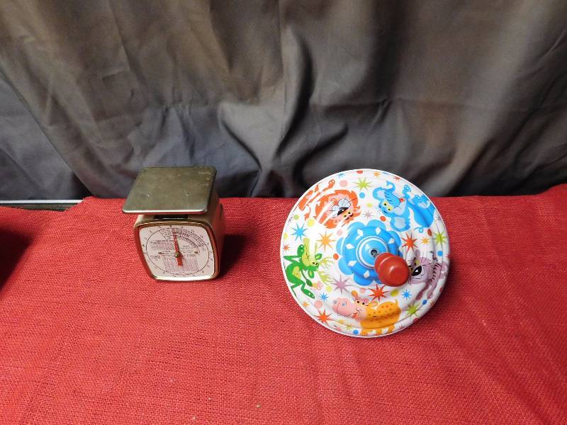 vintage postal scale and vintage toy top