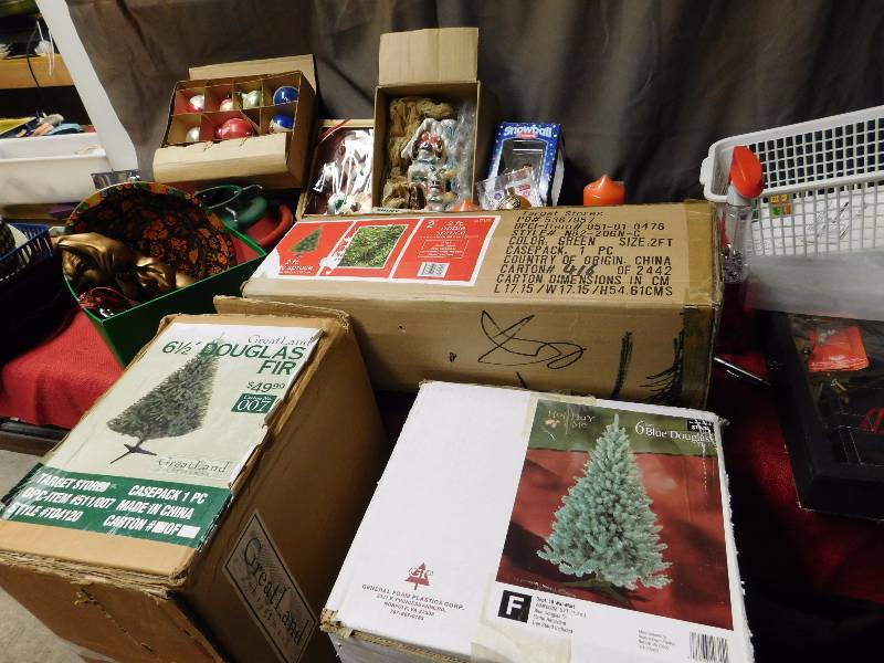Christmas lot two artificial trees ornaments and decor items see photos