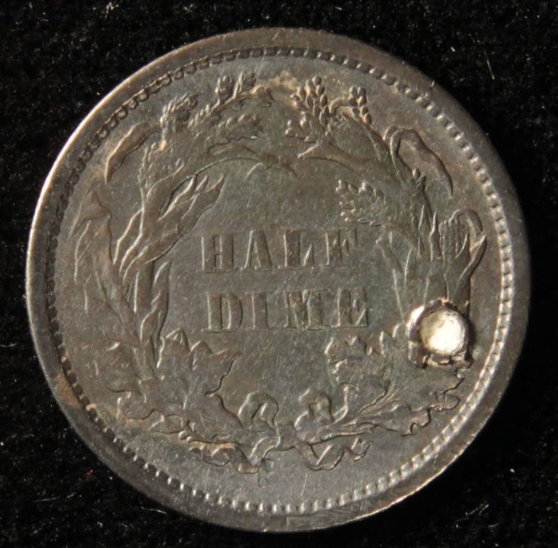 1861 US SEATED HALF DIME VF DETAILS HOLED