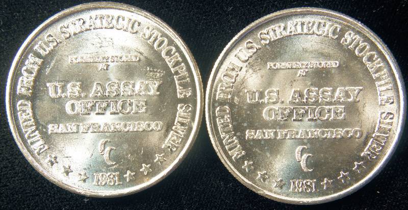 2-PRE AMERICAN SILVER EAGLE 1 TROY OZ. .999 FINE SILVER ROUNDS MINTED FROM STRATEGIC STOCKPILE OF SILVER STORED AT US ASSAY OFFICE SAN FRANCISCO 1981