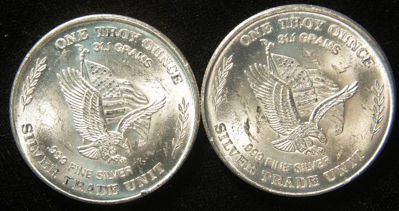 2-PRE AMERICAN SILVER EAGLE 1 TROY OZ. .999 FINE SILVER ROUNDS MINTED FROM STRATEGIC STOCKPILE OF SILVER STORED AT US ASSAY OFFICE SAN FRANCISCO 1981