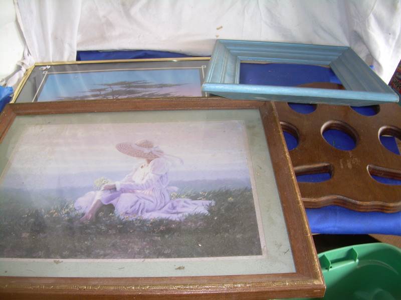 Box of assorted pictures and frames