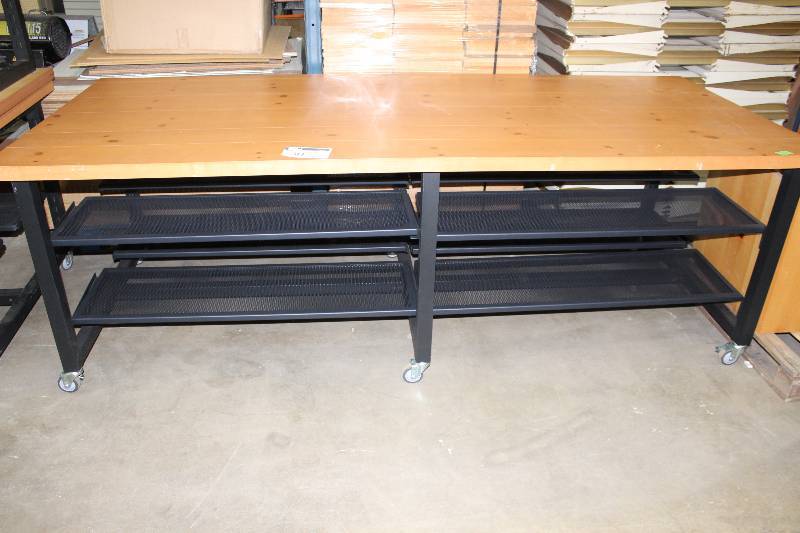 lot 30 image: Table wWooden Top, Metal Frame, Lower Shelves & Wheels 44 x 103 x 34.5.