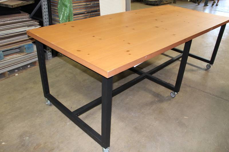 lot 31 image: Table wWooden Top, Metal Frame & Wheels 44 x 103 x 34.5.