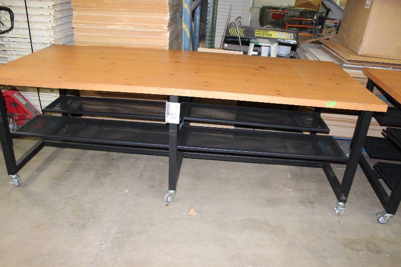 lot 32 image: Table wWooden Top, Metal Frame, Lower Shelves & Wheels 44 x 103 x 34.5.