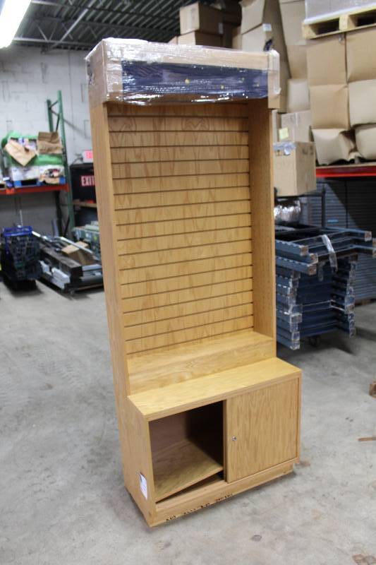 lot 33 image: Lot of (2) Wooden Display Units wHanger Tracks & Lower Cabinet 36 x 18 x 91.