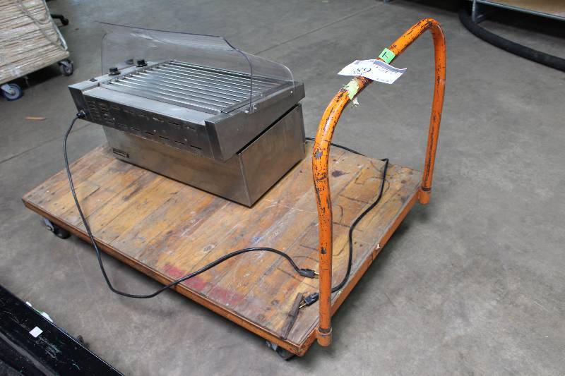 lot 89 image: Metal Cart wPush Handle & Wheels Wooden Base 36 x 60 x 37 Includes Only Cart.