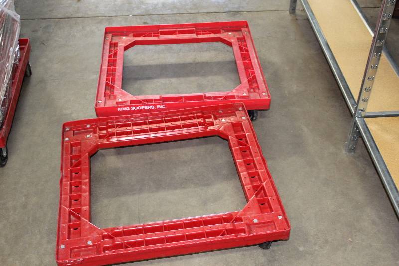 lot 42 image: Lot of (2) Red Plastic Dollys wWheels 30 x 25.
