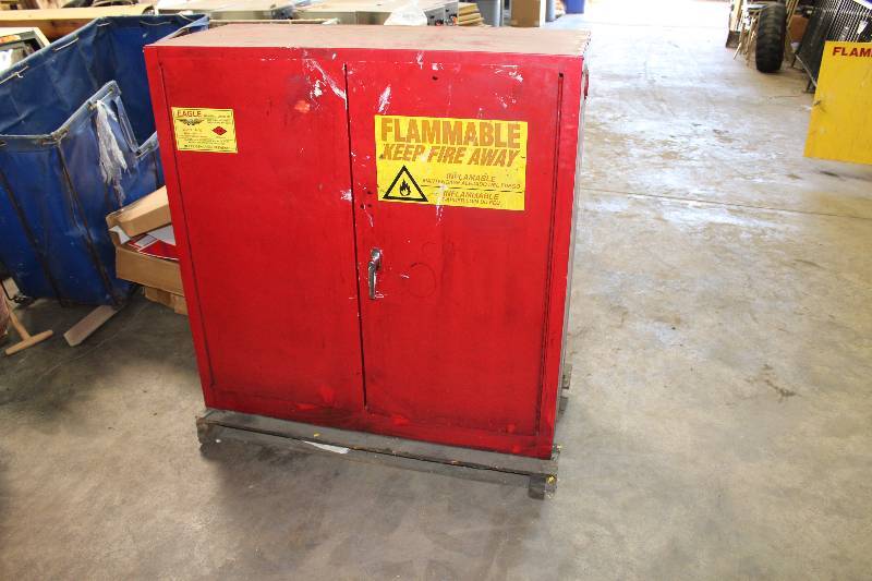 lot 28 image: Eagle Flammables Container wLatching Double Doors & Shelves 40Gal Capacity PaintInk Storage Cabinet Model PI-32 18.5 x 43 x 44.