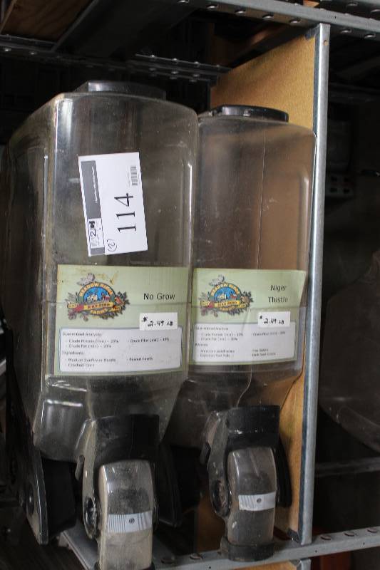 lot 114 image: Lot of (2) Pet Food Bulk Dispensers wPlastic Bucket Top & Spring Release.
