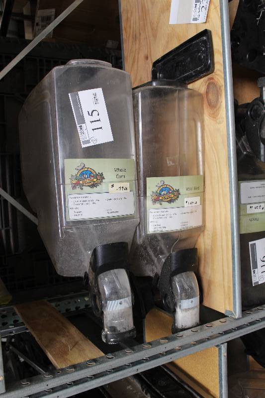 lot 115 image: Lot of (2) Pet Food Bulk Dispensers wPlastic Bucket Top & Spring Release.
