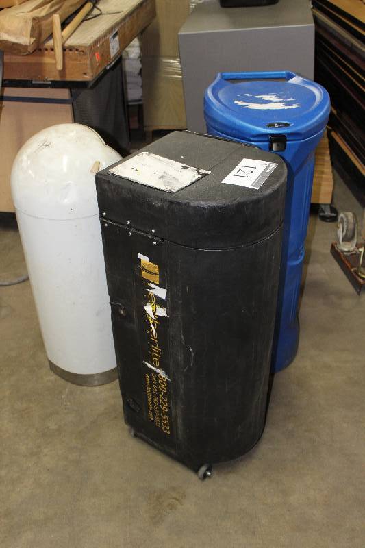 lot 121 image: Lot of (3) Including SmartPak IQ Shipping Case Plastic Shipping Case wWheels Metal Trash Can wFlap Lid.