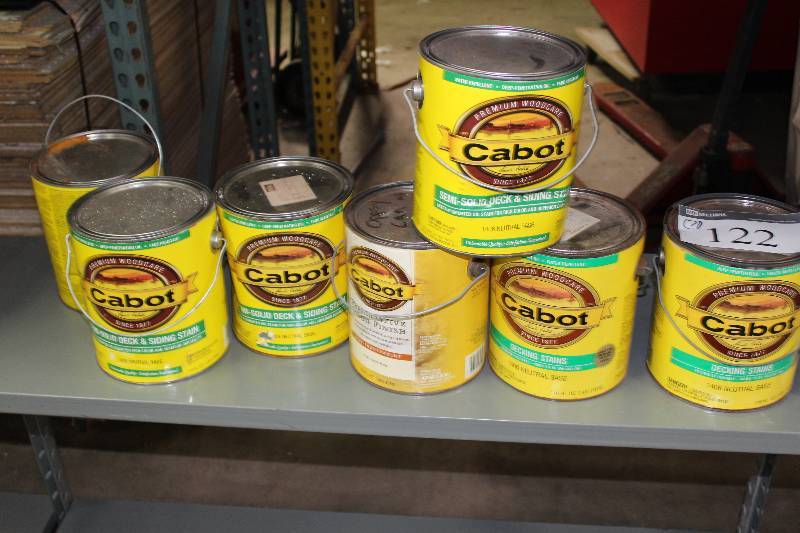 lot 122 image: Lot of (7) Cabot Solid Deck & Siding Stain (6) Cabot Preservative Wood Finish.
