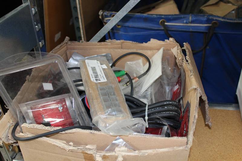 lot 127 image: Box Lot of Electrical Hardware Including Universal Screen Cleaning Wipes Universal Y-Cord Splitter Electrical Outlet Ends And More.