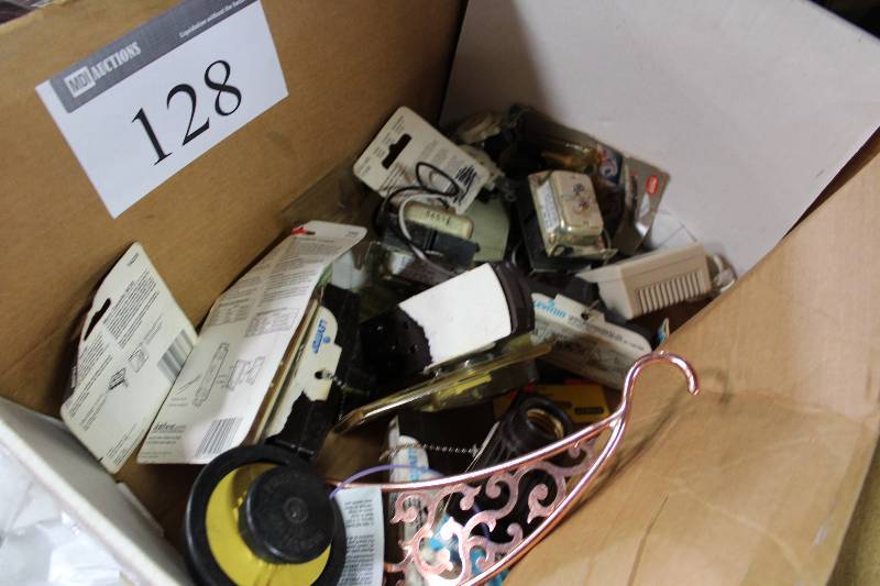 lot 128 image: Box Lot of Electrical Hardware Including Light Fixture Outlet Jack Cover And More.