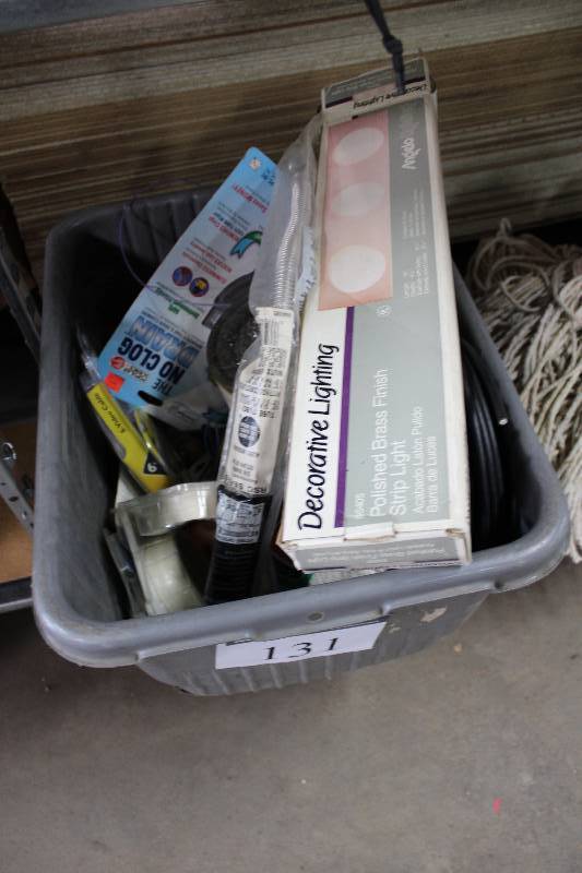 lot 131 image: Bin Lot Including Decorative Lighting Polished Brass Finish Strip Light Hang Up Cartridge Filter The no Clog Drain 100 Coaxial Cable And More.