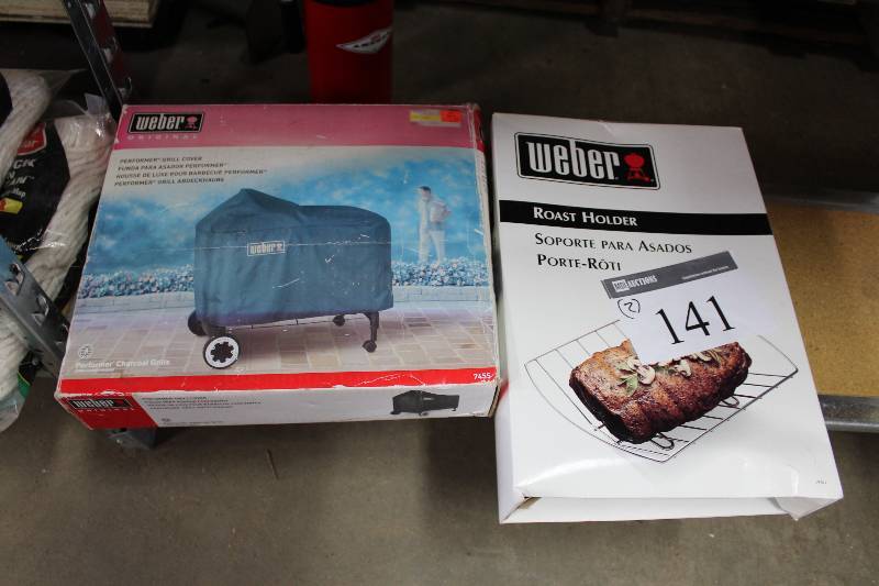 lot 141 image: Lot of (2) Including Weber Roast Holder Weber Grill Cover.