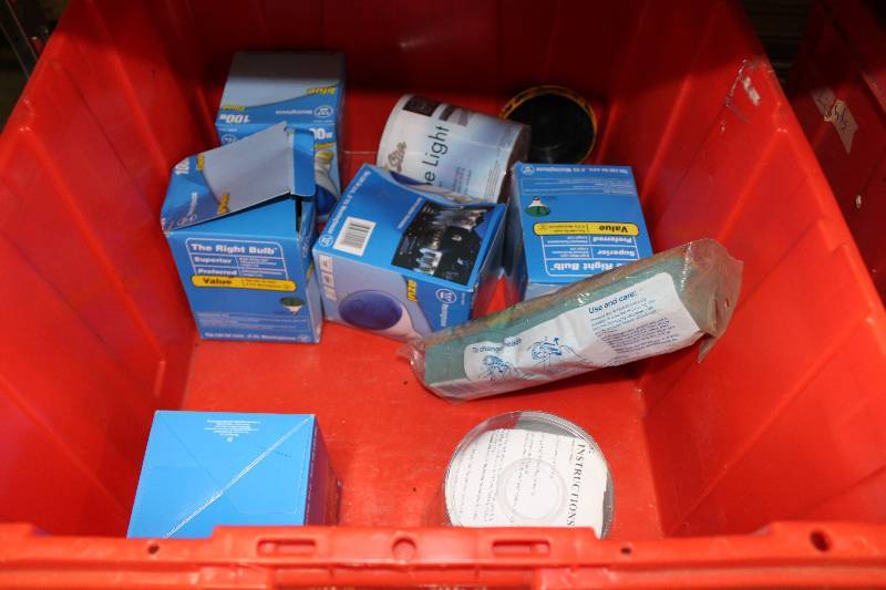 lot 150 image: Bin Lot Including Westinghouse Green Light, 100W Sylvania 18 Rope Light, Green Westinghouse Blue Light And More.
