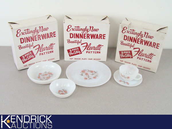 lot 8 image: 3 NOS Vintage Fire King Fleurette Pattern 5 Piece Place Settings Dinnerware