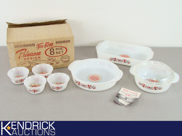 lot 9 image: NOS Vintage Fire King Primrose Design 8 Piece Ovenware Set