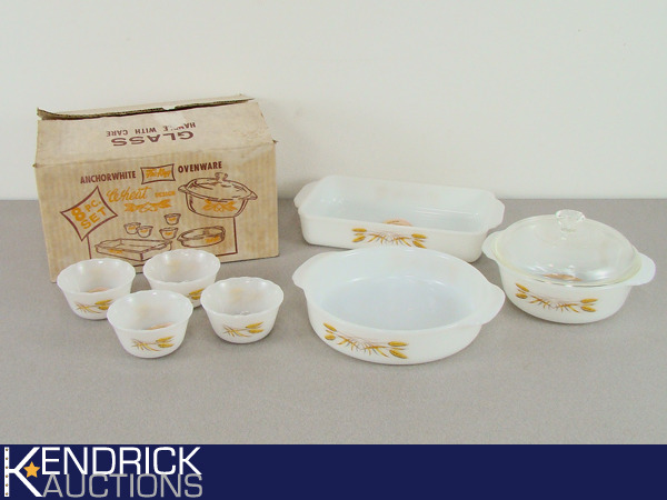 lot 10 image: NOS Vintage Fire King Wheat Design 8 Piece Ovenware Set