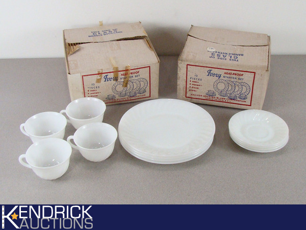 lot 11 image: 2 NOS Vintage Fire King Ivory Swirl Design 12 Piece Starter Sets