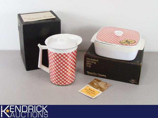 lot 35 image: NOS Vintage Thermo-Serv Insulated Gingham Design Serving Dish, and Beverage Server
