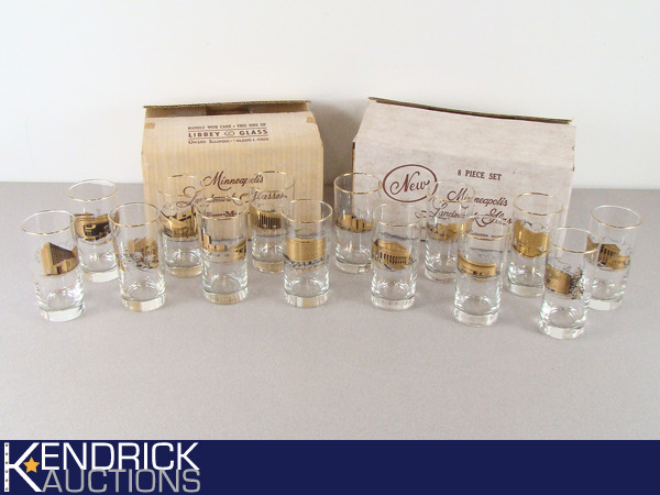 lot 39 image: 2 NOS Vintage Libbey 8 Piece Minneapolis Landmark Glasses