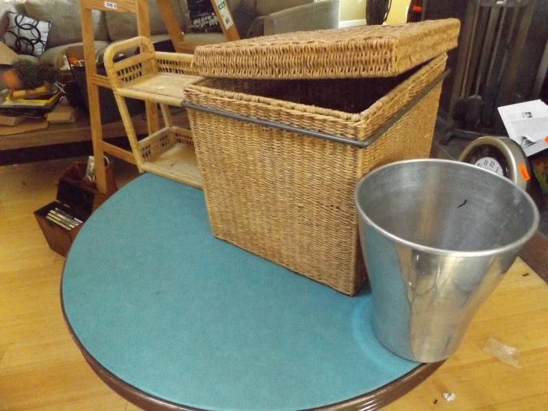 lot 54 image: Wicker Storage Box and Shelf, Stainless Garbage Can,