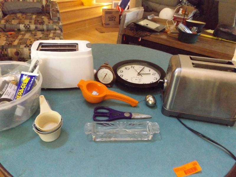 lot 153 image: Toaster, Clock, Measuring Cups, Cooking Items