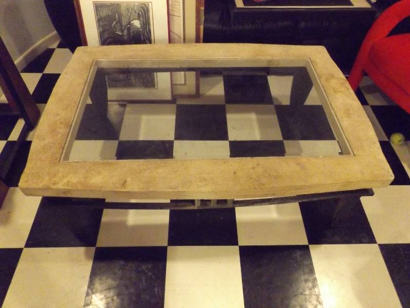 lot 367 image: Glass Top Metal and Stone Coffee Table and End Table