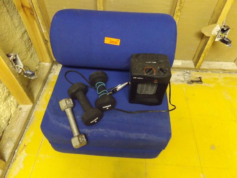lot 385 image: Chair, Space Heater, Barbells
