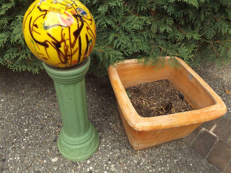 lot 576 image: 22 x 16 Square Planter, Glass Ball on Pedestal