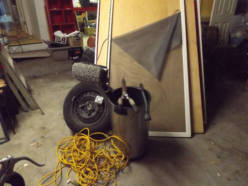 lot 435 image: Plywood, Mirror, Tire, Cord, Carwash Brush, more