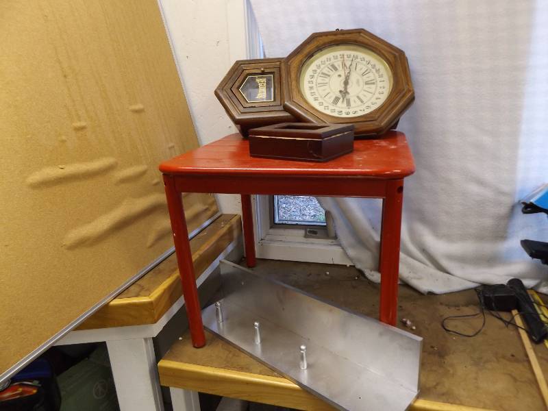 lot 329 image: Small Red Table, Wood Hanging Knobs, Wood Frame