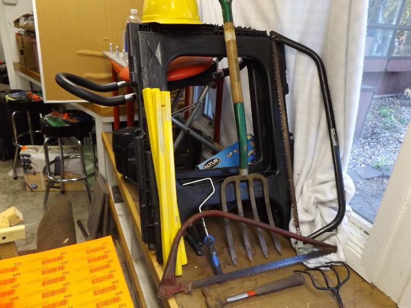 lot 331 image: Plastic Sawhorses, Saws, Hardhat, more