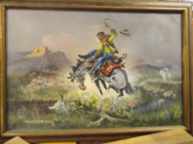 lot 274 image: J Kirkpatrick Bucking Bronco Oil Painting
