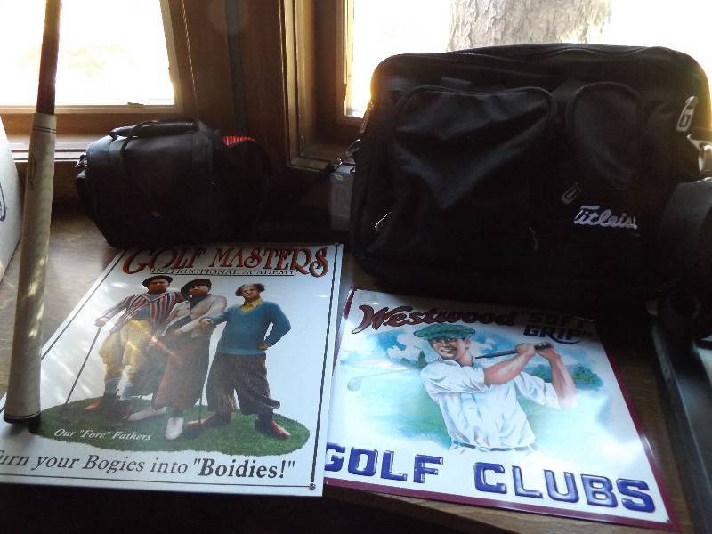 lot 201 image: 2 Tin Signs, Camera Case, Laptop Case, Golf