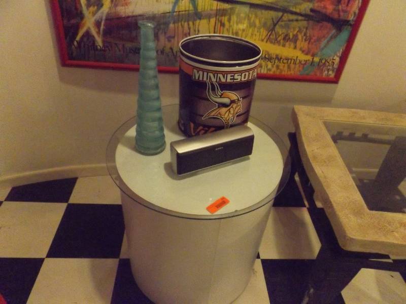 lot 354 image: Side Table with Glass Top, Vikings Garbage Can, Vase, Sony Speaker
