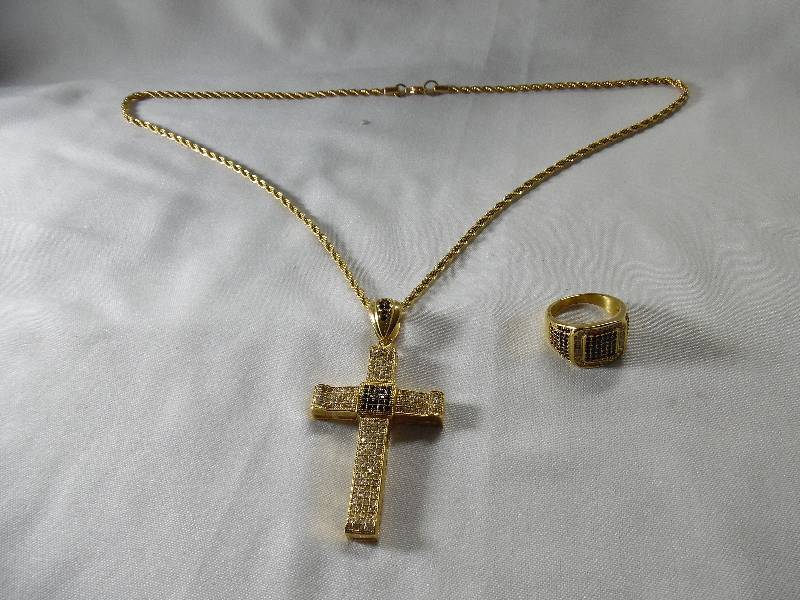Stainless Steel Mens Goldtone Cross & Ring Set